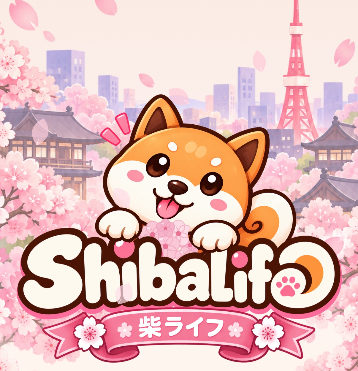 柴ライフ ShibaLife のタイトル画面：桜と東京の街並み、ロゴから顔をのぞかせるトシコ